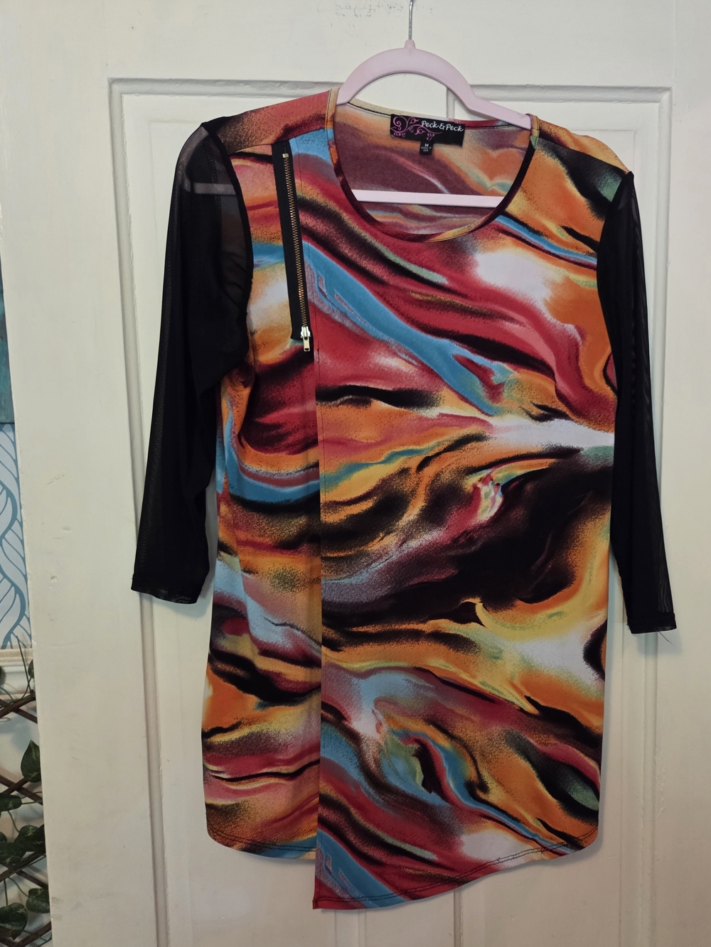 Peck & Peck Multicolor Swirl Print Dress with Black Sheer Sleeves